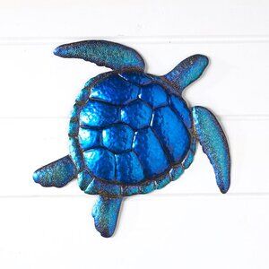 18" Large Metallic Blue Metal Sea Turtle, Wall/Fence Decor
